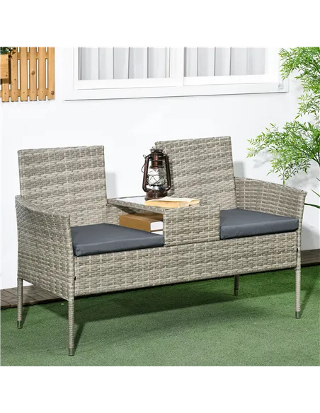 Outsunny Two-Seat Rattan Chair, with Middle Table - Light Grey