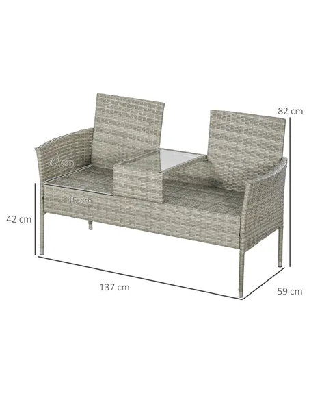 Outsunny Two-Seat Rattan Chair, with Middle Table - Light Grey