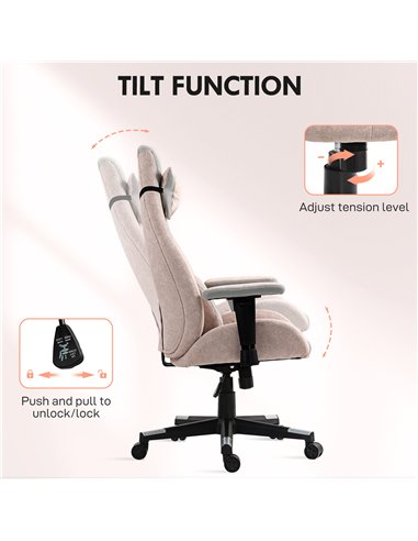 HOMCOM Fabric Gaming Chair with Lumbar Support, Headrest - Pale Pink