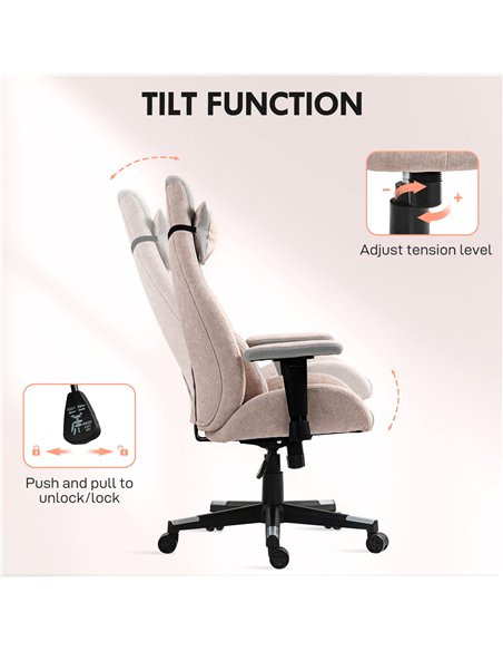 HOMCOM Fabric Gaming Chair with Lumbar Support, Headrest - Pale Pink