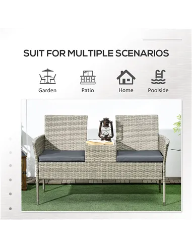 Outsunny Two-Seat Rattan Chair, with Middle Table - Light Grey