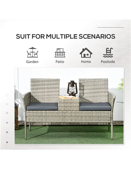 Outsunny Two-Seat Rattan Chair, with Middle Table - Light Grey
