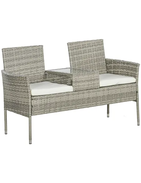 Outsunny Two-Seat Rattan Chair, with Middle Table - Grey