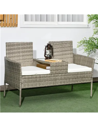 Outsunny Two-Seat Rattan Chair, with Middle Table - Grey