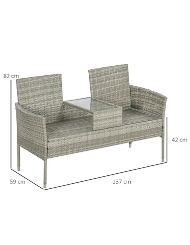 Outsunny Two-Seat Rattan Chair, with Middle Table - Grey
