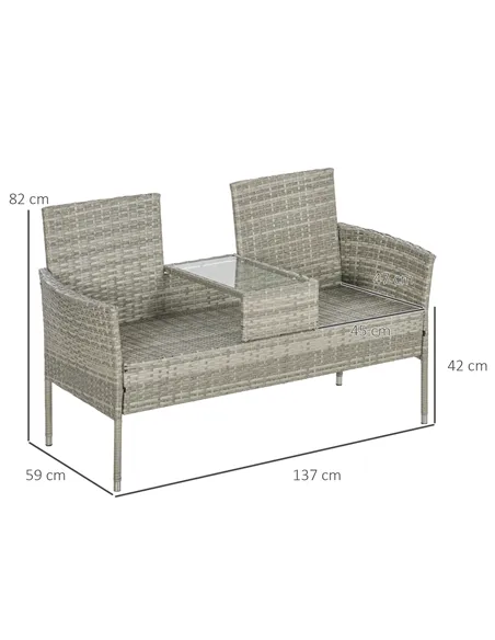 Outsunny Two-Seat Rattan Chair, with Middle Table - Grey