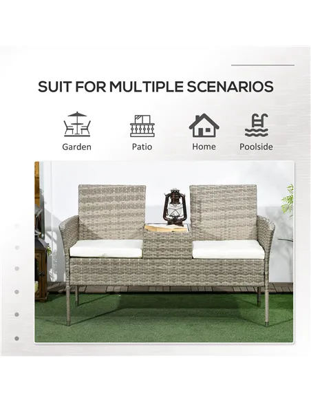 Outsunny Two-Seat Rattan Chair, with Middle Table - Grey