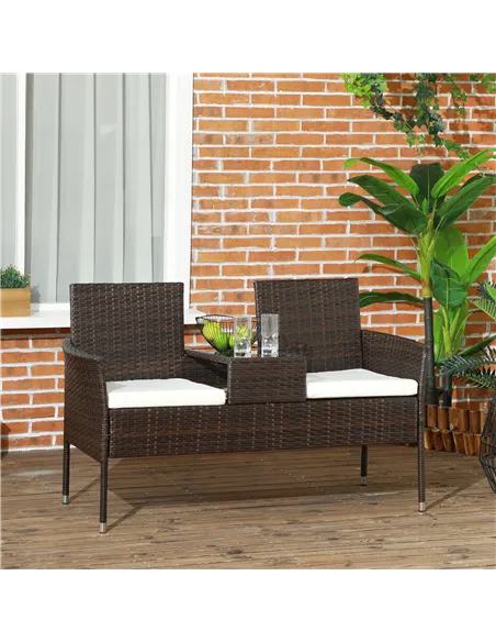 Outsunny Two-Seat Rattan Chair, with Middle Table - Brown