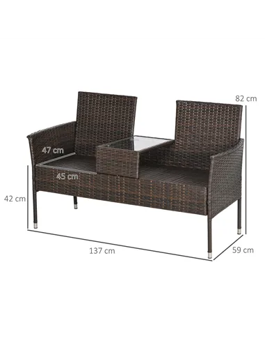 Outsunny Two-Seat Rattan Chair, with Middle Table - Brown