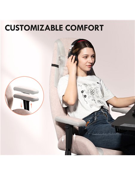 HOMCOM Fabric Gaming Chair with Lumbar Support, Headrest - Pale Pink