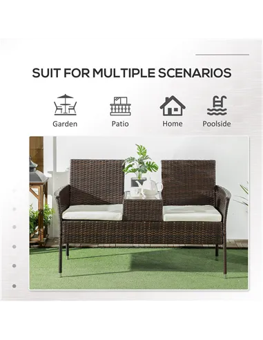 Outsunny Two-Seat Rattan Chair, with Middle Table - Brown