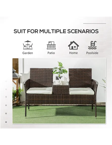 Outsunny Two-Seat Rattan Chair, with Middle Table - Brown