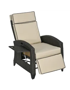 Outsunny Outdoor Recliner Chair with Adjustable Backrest and Footrest, Cushion, Side Tray, Khaki/Brown