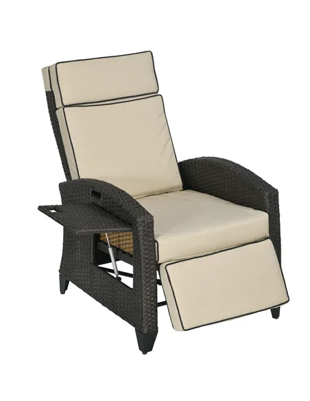 Outsunny Outdoor Recliner Chair with Adjustable Backrest and Footrest, Cushion, Side Tray, Khaki/Brown