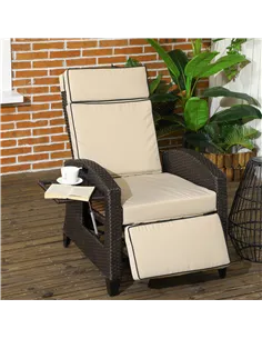 Outsunny Outdoor Recliner Chair with Adjustable Backrest and Footrest, Cushion, Side Tray, Khaki/Brown 2