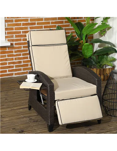Outsunny Outdoor Recliner Chair with Adjustable Backrest and Footrest, Cushion, Side Tray, Khaki/Brown
