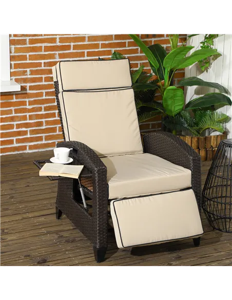 Outsunny Outdoor Recliner Chair with Adjustable Backrest and Footrest, Cushion, Side Tray, Khaki/Brown