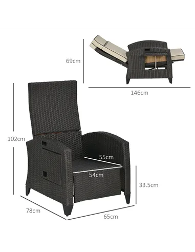 Outsunny Outdoor Recliner Chair with Adjustable Backrest and Footrest, Cushion, Side Tray, Khaki/Brown