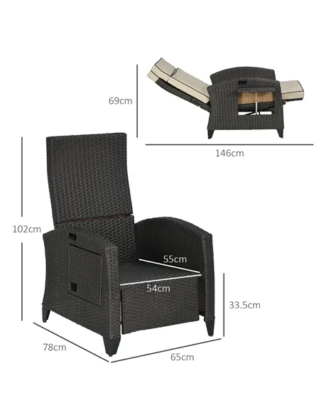 Outsunny Outdoor Recliner Chair with Adjustable Backrest and Footrest, Cushion, Side Tray, Khaki/Brown