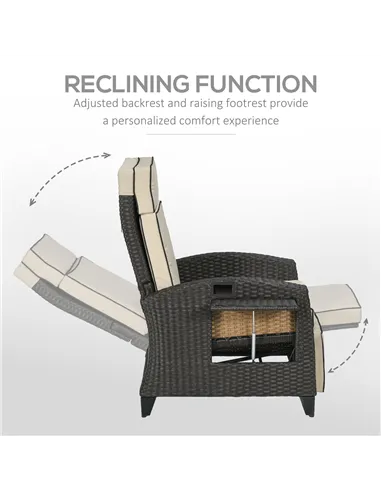 Outsunny Outdoor Recliner Chair with Adjustable Backrest and Footrest, Cushion, Side Tray, Khaki/Brown