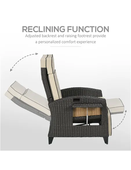 Outsunny Outdoor Recliner Chair with Adjustable Backrest and Footrest, Cushion, Side Tray, Khaki/Brown