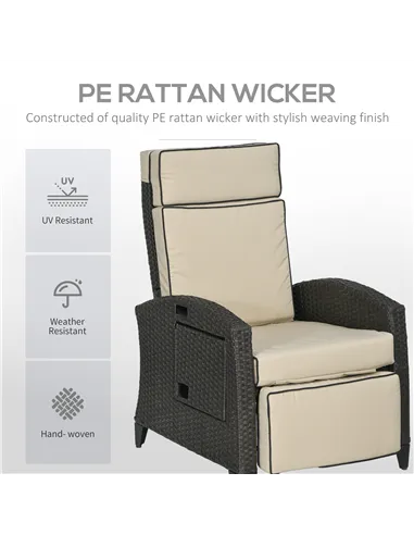 Outsunny Outdoor Recliner Chair with Adjustable Backrest and Footrest, Cushion, Side Tray, Khaki/Brown