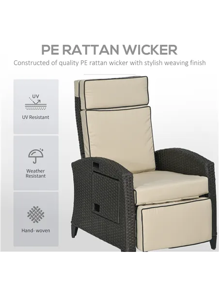 Outsunny Outdoor Recliner Chair with Adjustable Backrest and Footrest, Cushion, Side Tray, Khaki/Brown