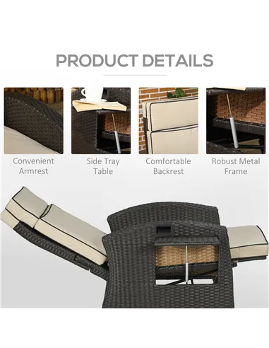Outsunny Outdoor Recliner Chair with Adjustable Backrest and Footrest, Cushion, Side Tray, Khaki/Brown
