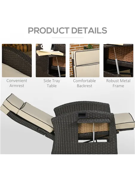 Outsunny Outdoor Recliner Chair with Adjustable Backrest and Footrest, Cushion, Side Tray, Khaki/Brown