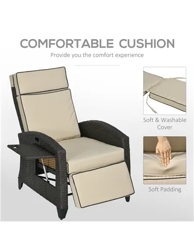 Outsunny Outdoor Recliner Chair with Adjustable Backrest and Footrest, Cushion, Side Tray, Khaki/Brown