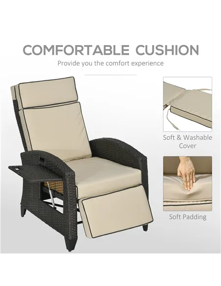 Outsunny Outdoor Recliner Chair with Adjustable Backrest and Footrest, Cushion, Side Tray, Khaki/Brown