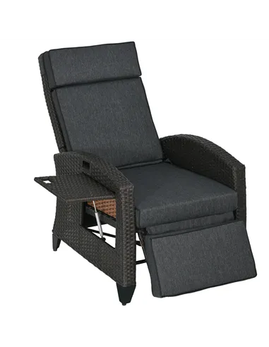 Outsunny Outdoor Recliner Chair with Adjustable Backrest and Footrest, Cushion, Side Tray, Dark Grey/Brown