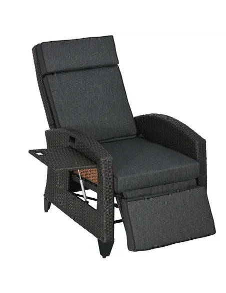 Outsunny Outdoor Recliner Chair with Adjustable Backrest and Footrest, Cushion, Side Tray, Dark Grey/Brown