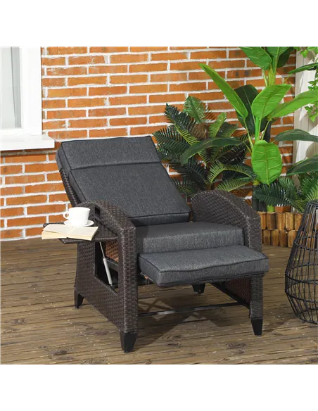 Outsunny Outdoor Recliner Chair with Adjustable Backrest and Footrest, Cushion, Side Tray, Dark Grey/Brown
