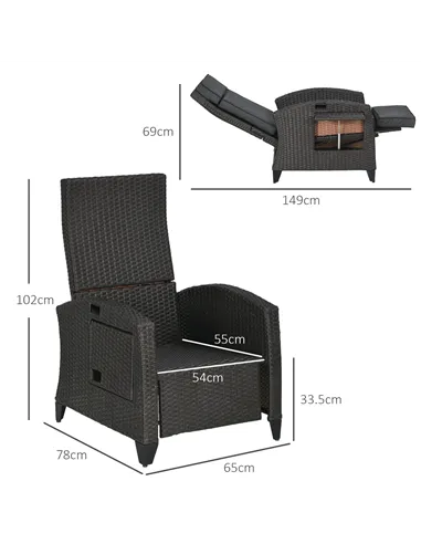 Outsunny Outdoor Recliner Chair with Adjustable Backrest and Footrest, Cushion, Side Tray, Dark Grey/Brown