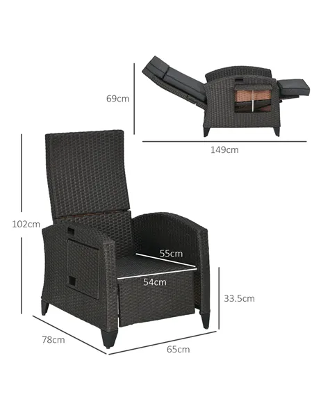 Outsunny Outdoor Recliner Chair with Adjustable Backrest and Footrest, Cushion, Side Tray, Dark Grey/Brown
