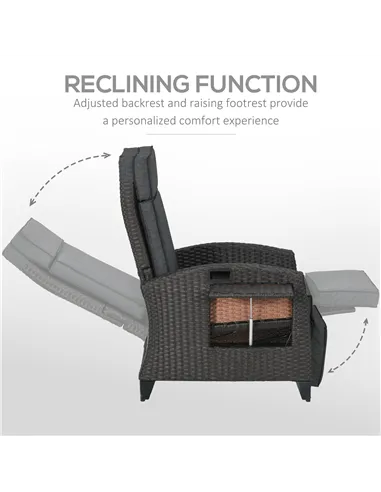 Outsunny Outdoor Recliner Chair with Adjustable Backrest and Footrest, Cushion, Side Tray, Dark Grey/Brown