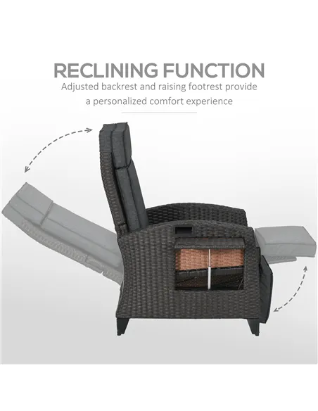 Outsunny Outdoor Recliner Chair with Adjustable Backrest and Footrest, Cushion, Side Tray, Dark Grey/Brown