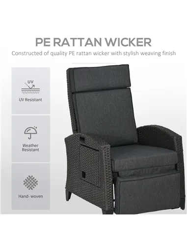 Outsunny Outdoor Recliner Chair with Adjustable Backrest and Footrest, Cushion, Side Tray, Dark Grey/Brown