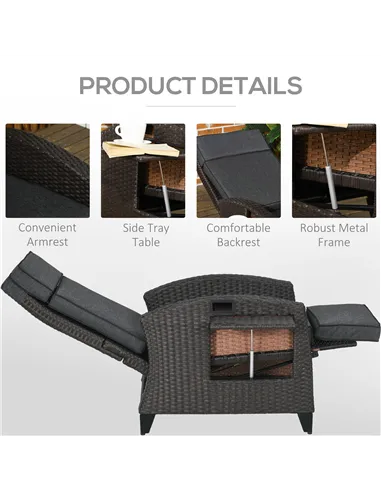 Outsunny Outdoor Recliner Chair with Adjustable Backrest and Footrest, Cushion, Side Tray, Dark Grey/Brown