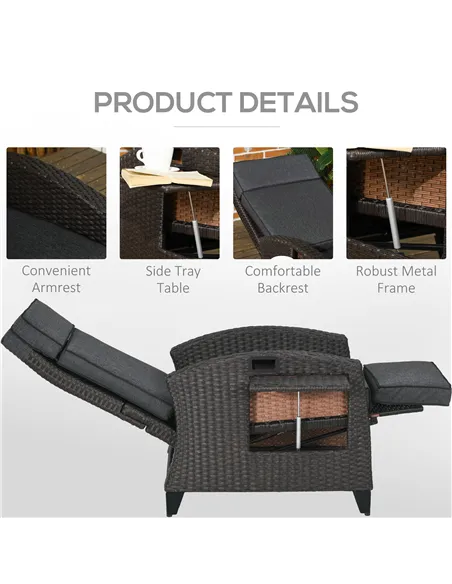 Outsunny Outdoor Recliner Chair with Adjustable Backrest and Footrest, Cushion, Side Tray, Dark Grey/Brown