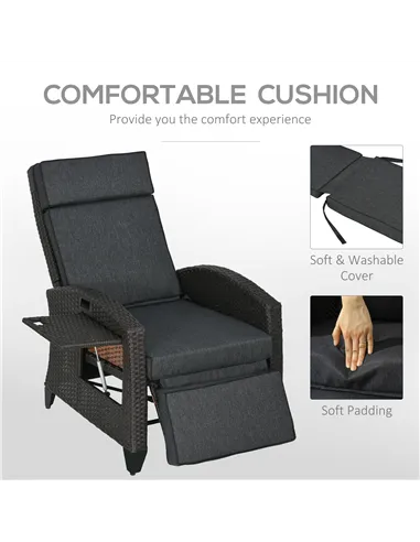 Outsunny Outdoor Recliner Chair with Adjustable Backrest and Footrest, Cushion, Side Tray, Dark Grey/Brown