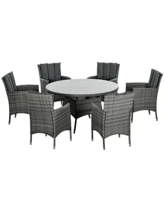 Outsunny Seven-Piece Rattan Dining Table, with Round Glass-Top Table - Mixed Grey