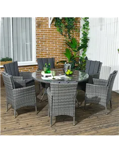 Outsunny Seven-Piece Rattan Dining Table, with Round Glass-Top Table - Mixed Grey 2