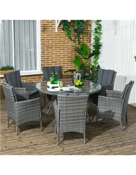 Outsunny Seven-Piece Rattan Dining Table, with Round Glass-Top Table - Mixed Grey