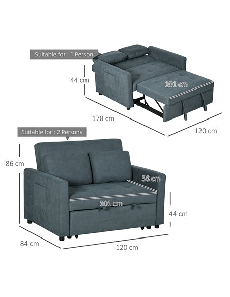 HOMCOM Loveseat Sofa Bed, Convertible Bed Settee with 2 Cushions, Side Pockets for Living Room, Charcoal Grey