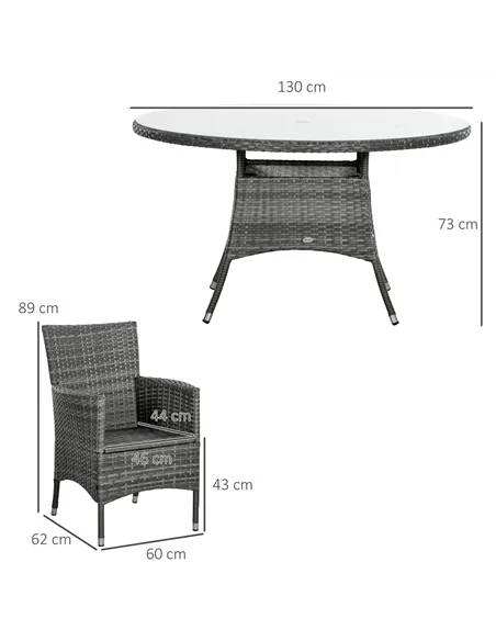 Outsunny Seven-Piece Rattan Dining Table, with Round Glass-Top Table - Mixed Grey