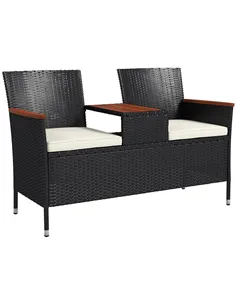 Outsunny Two-Seat Rattan Loveseat, with Wood-Top Middle Table - Black
