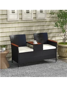 Outsunny Two-Seat Rattan Loveseat, with Wood-Top Middle Table - Black 2