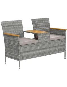 Outsunny Two-Seat Rattan Loveseat, with Wood-Top Middle Table - Grey